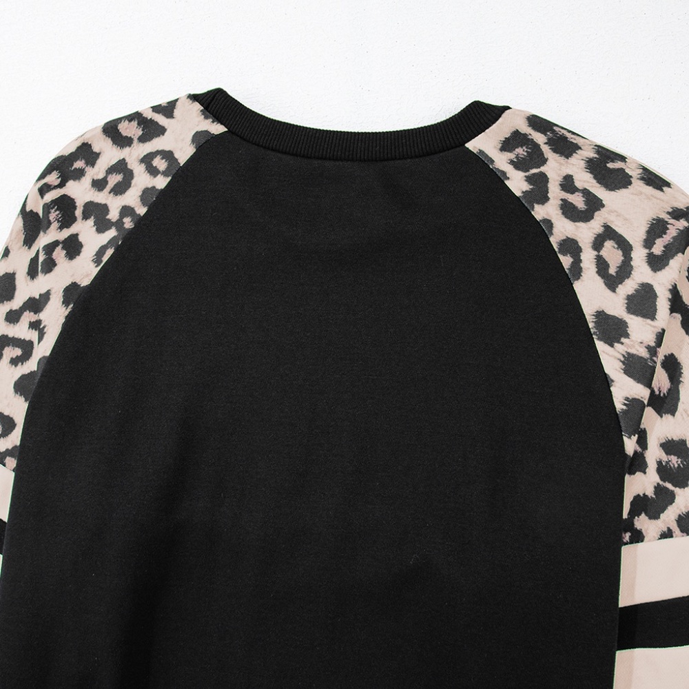 1 MEDIUM LEFT!!! Black Leopard Print Colorblock Raglan Sleeve Sweatshirt - Picture 9 of 14